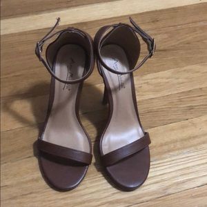 Brown leather ankle strap heels